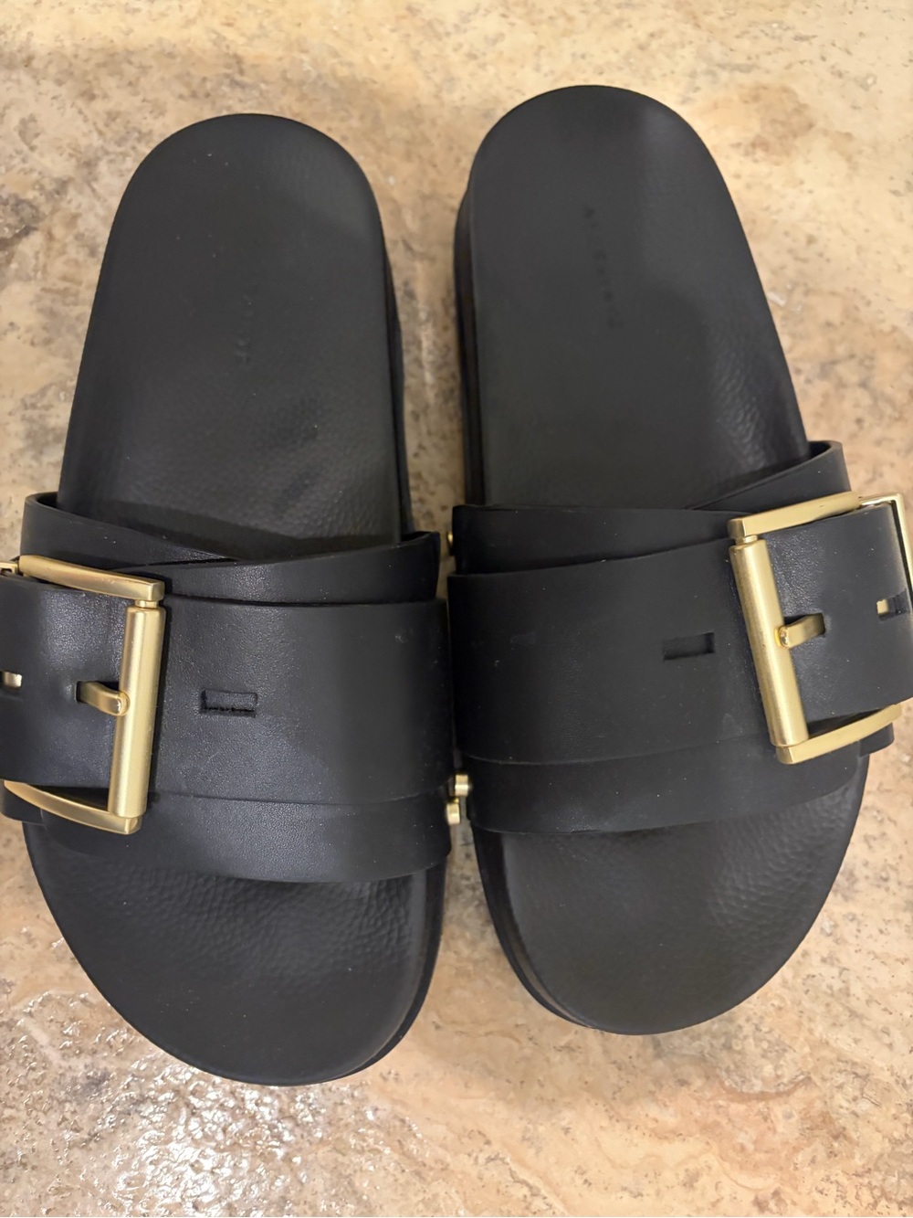 All Saints Ellie Stud Slider Black w/ Gold Buckles Size US 8/ EU 38